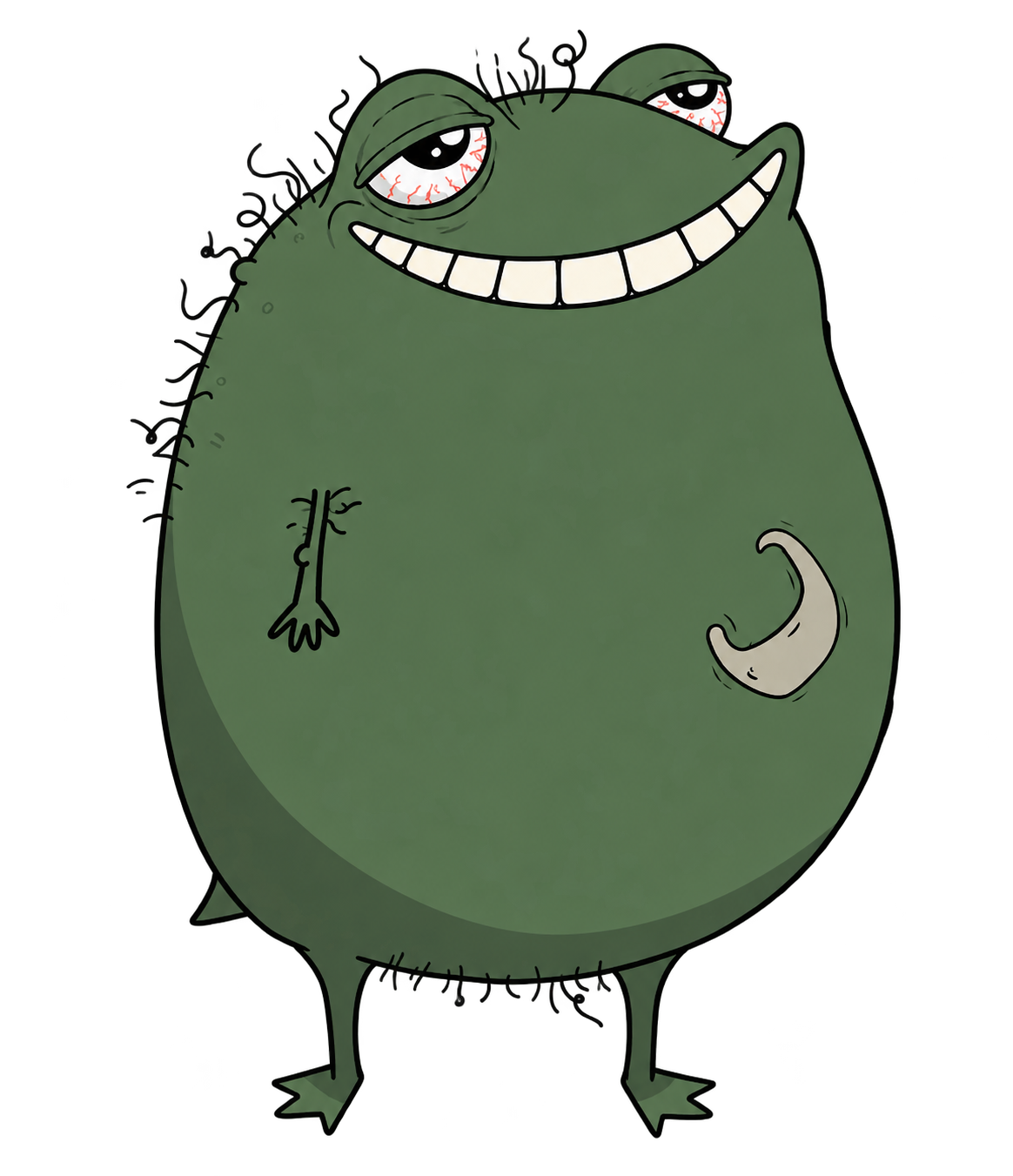 Stoned Pistacio, a sleepy green character with a huge grin